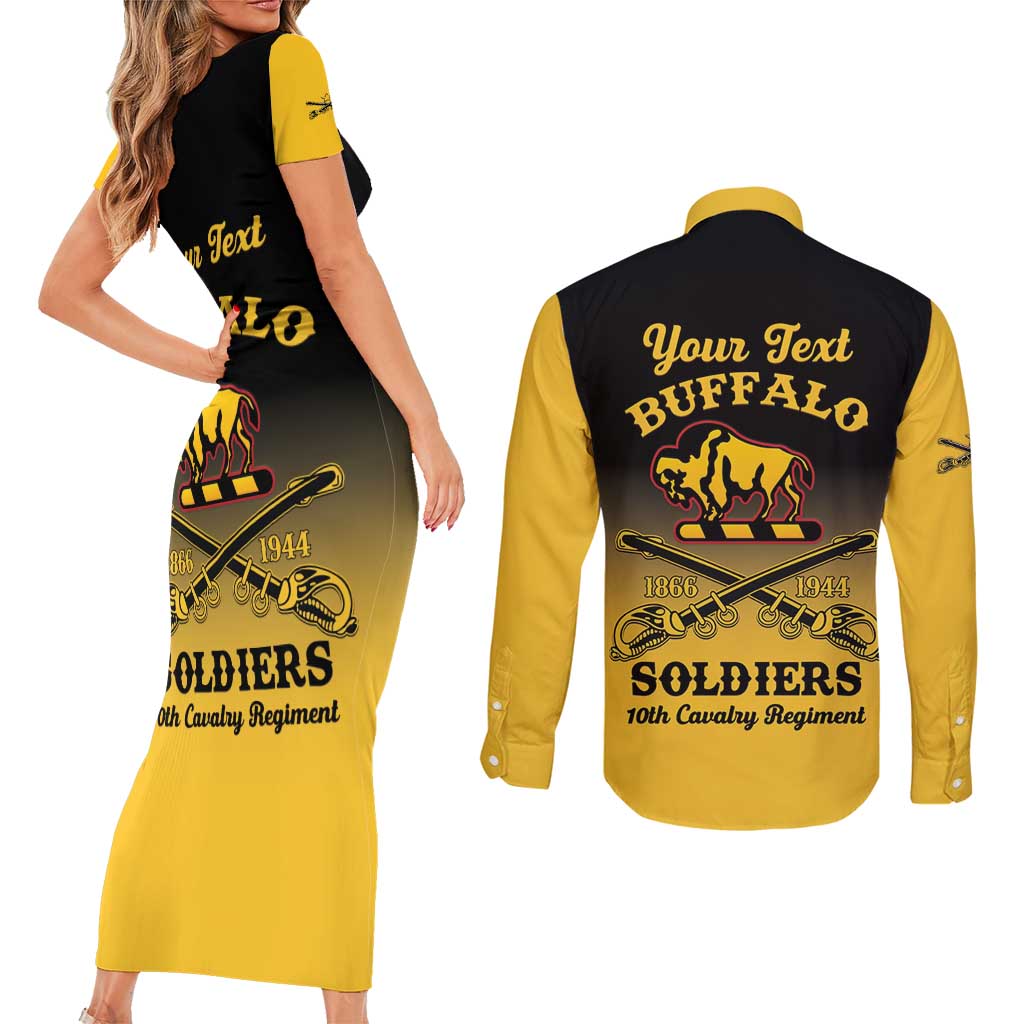Personalised Buffalo Soldiers Couples Matching Short Sleeve Bodycon Dress and Long Sleeve Button Shirt 10th Cavalry Regiment - Wonder Print Shop