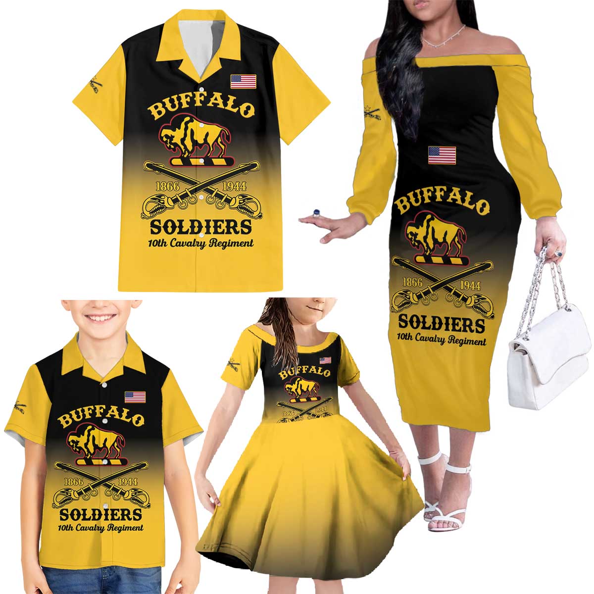 Personalised Buffalo Soldiers Family Matching Off The Shoulder Long Sleeve Dress and Hawaiian Shirt 10th Cavalry Regiment - Wonder Print Shop