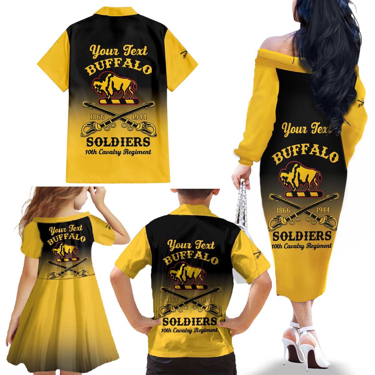 Personalised Buffalo Soldiers Family Matching Off The Shoulder Long Sleeve Dress and Hawaiian Shirt 10th Cavalry Regiment - Wonder Print Shop