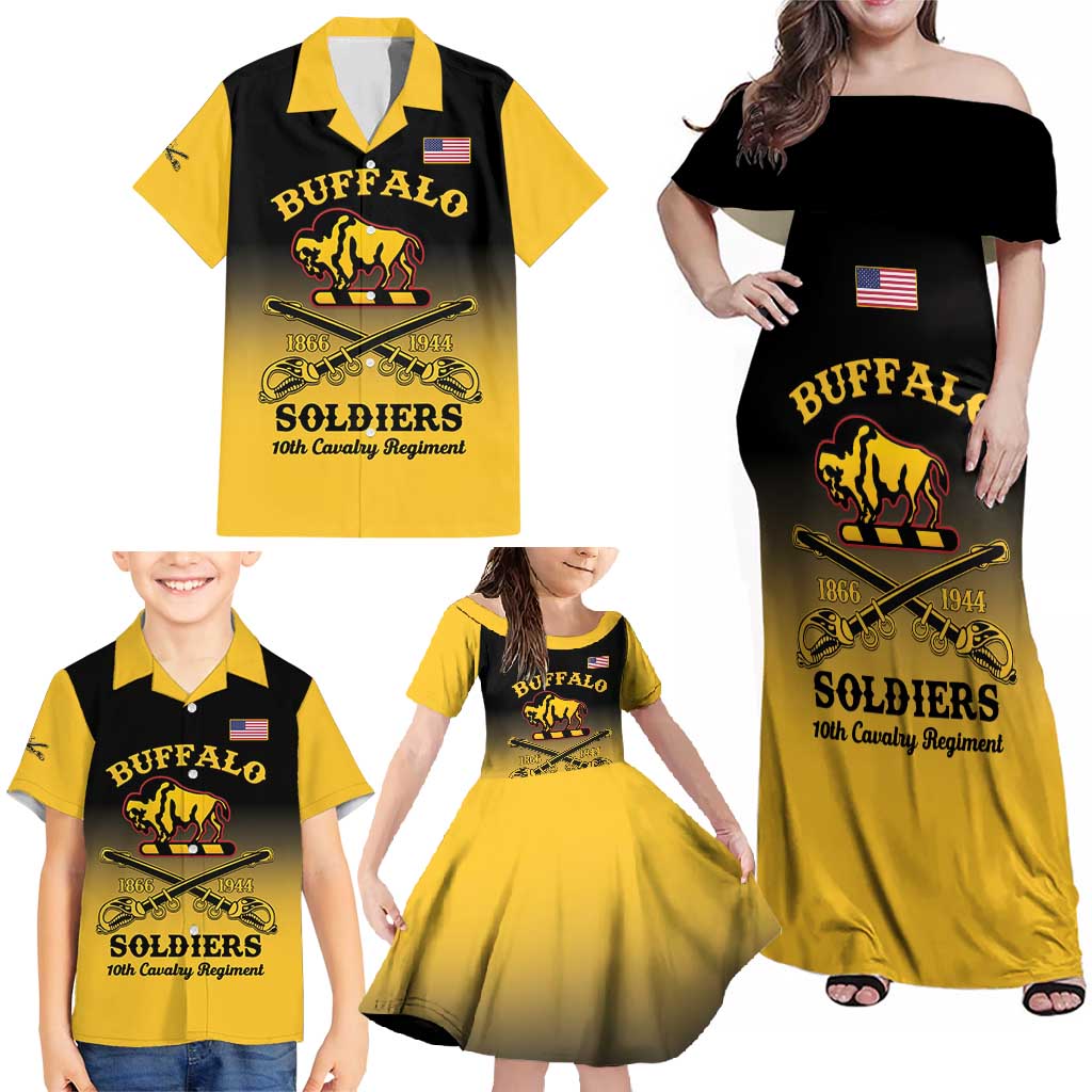 Personalised Buffalo Soldiers Family Matching Off Shoulder Maxi Dress and Hawaiian Shirt 10th Cavalry Regiment - Wonder Print Shop