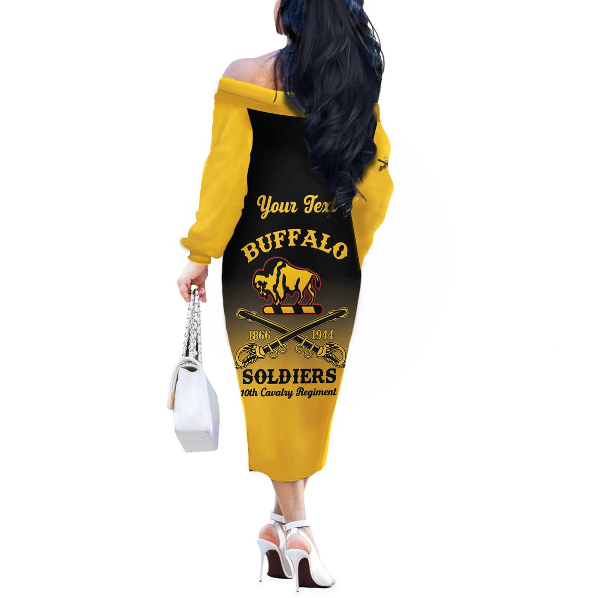 Personalised Buffalo Soldiers Off The Shoulder Long Sleeve Dress 10th Cavalry Regiment - Wonder Print Shop