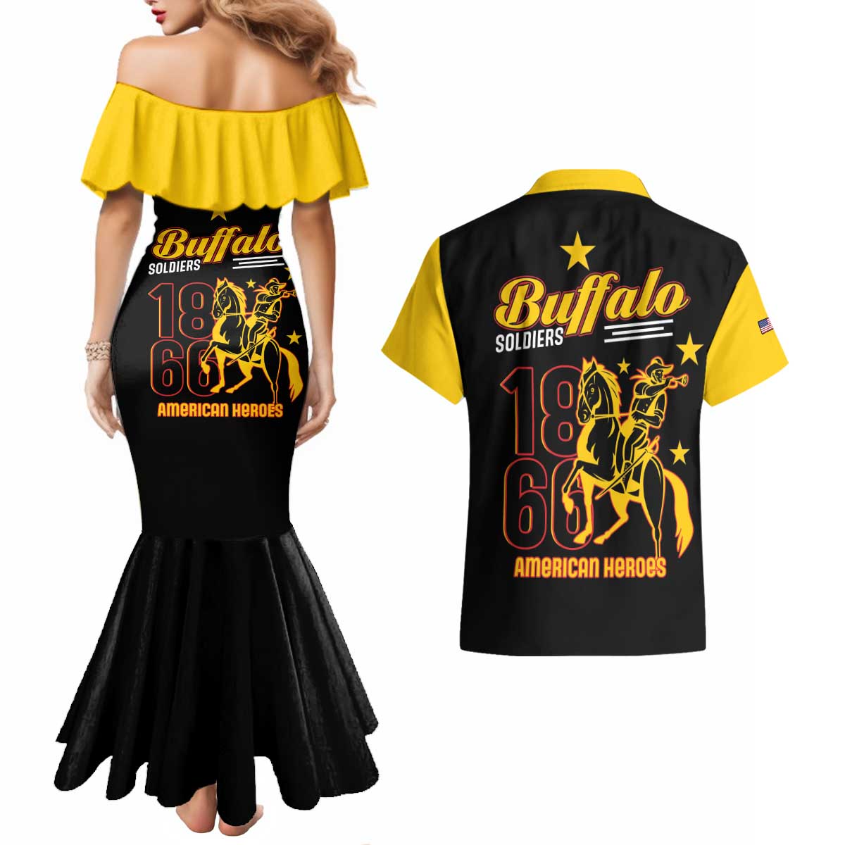 Buffalo Soldiers 9th and 10th Cavalry Couples Matching Mermaid Dress and Hawaiian Shirt American Heroes - Wonder Print Shop