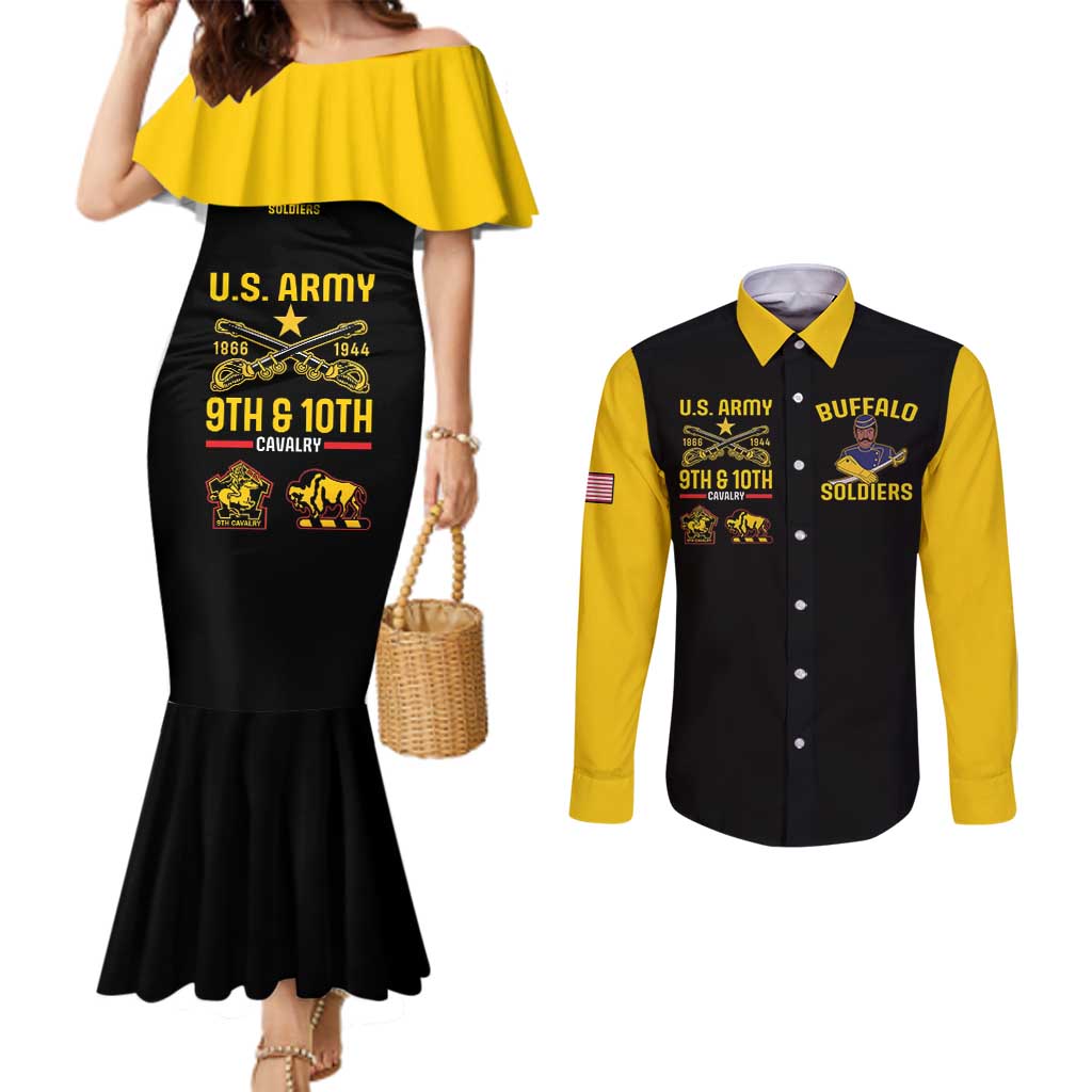Buffalo Soldiers 9th and 10th Cavalry Couples Matching Mermaid Dress and Long Sleeve Button Shirt American Heroes
