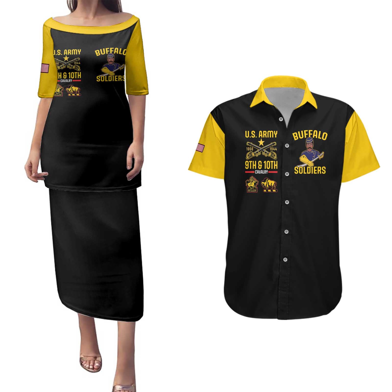 Buffalo Soldiers 9th and 10th Cavalry Couples Matching Puletasi and Hawaiian Shirt American Heroes - Wonder Print Shop