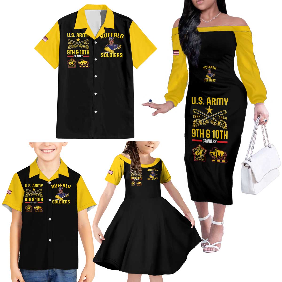 Buffalo Soldiers 9th and 10th Cavalry Family Matching Off The Shoulder Long Sleeve Dress and Hawaiian Shirt American Heroes - Wonder Print Shop