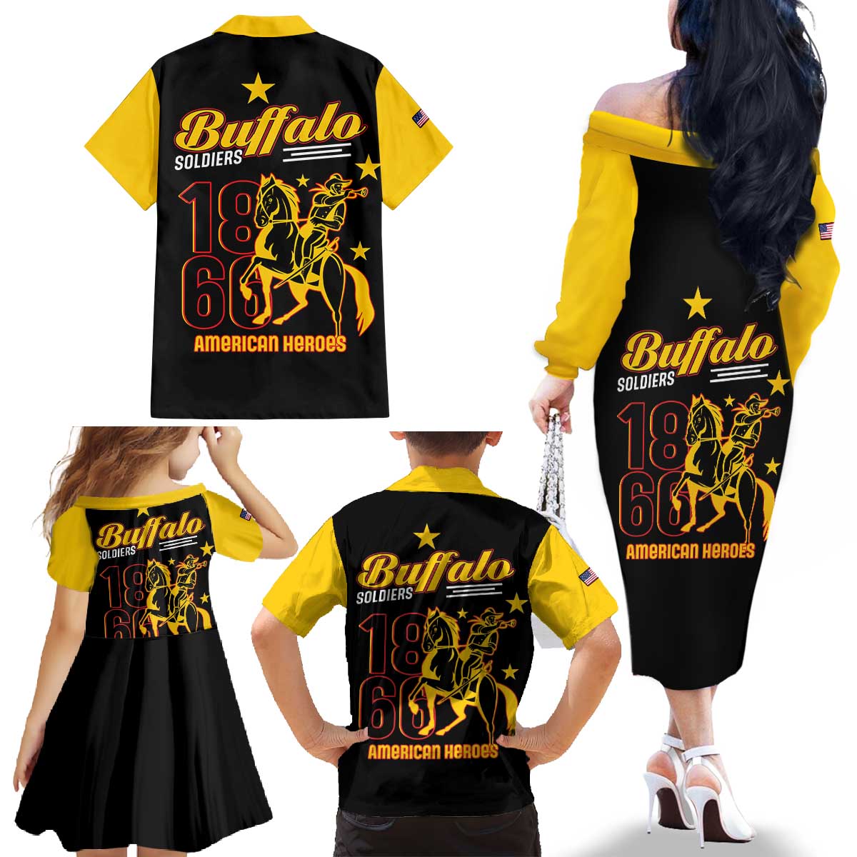 Buffalo Soldiers 9th and 10th Cavalry Family Matching Off The Shoulder Long Sleeve Dress and Hawaiian Shirt American Heroes - Wonder Print Shop