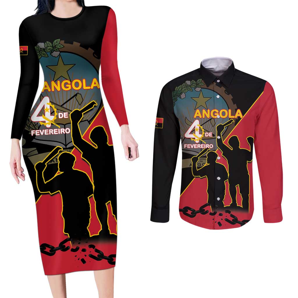Personalised Angola Day of the Armed Struggle Couples Matching Long Sleeve Bodycon Dress and Long Sleeve Button Shirt 4 De Fevereiro - Wonder Print Shop