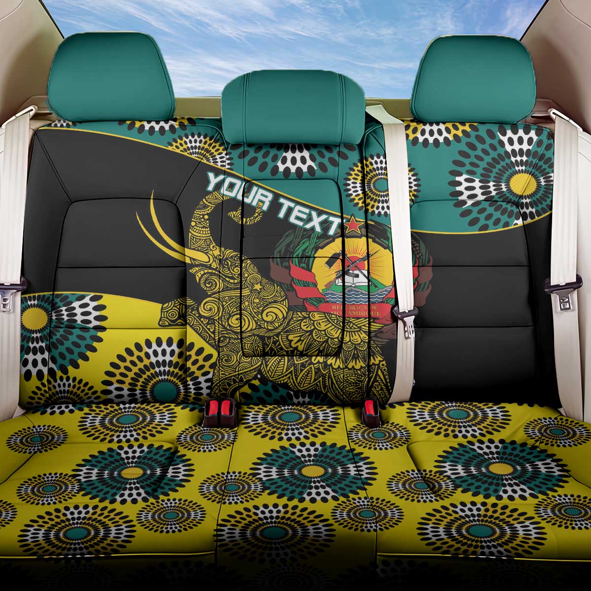 Personalised Mozambique Back Car Seat Cover African Elephant With Coat Of Arms - Wonder Print Shop