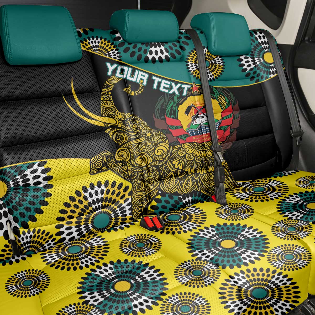 Personalised Mozambique Back Car Seat Cover African Elephant With Coat Of Arms - Wonder Print Shop