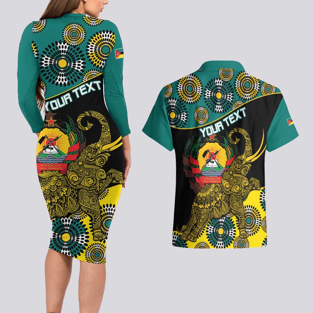 Personalised Mozambique Couples Matching Long Sleeve Bodycon Dress and Hawaiian Shirt African Elephant With Coat Of Arms - Wonder Print Shop