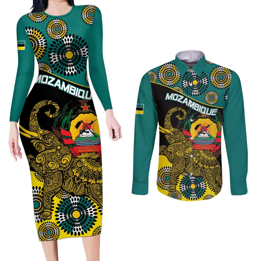 Personalised Mozambique Couples Matching Long Sleeve Bodycon Dress and Long Sleeve Button Shirt African Elephant With Coat Of Arms - Wonder Print Shop
