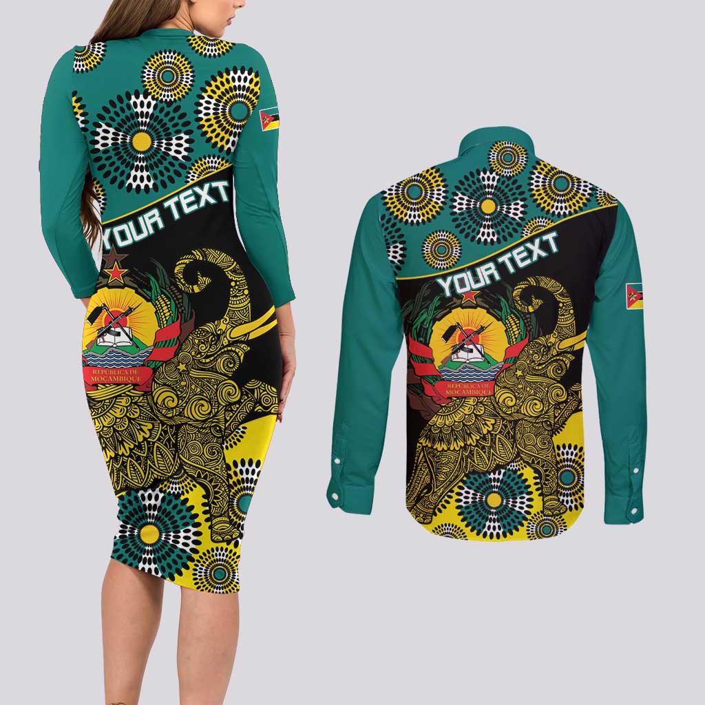 Personalised Mozambique Couples Matching Long Sleeve Bodycon Dress and Long Sleeve Button Shirt African Elephant With Coat Of Arms - Wonder Print Shop