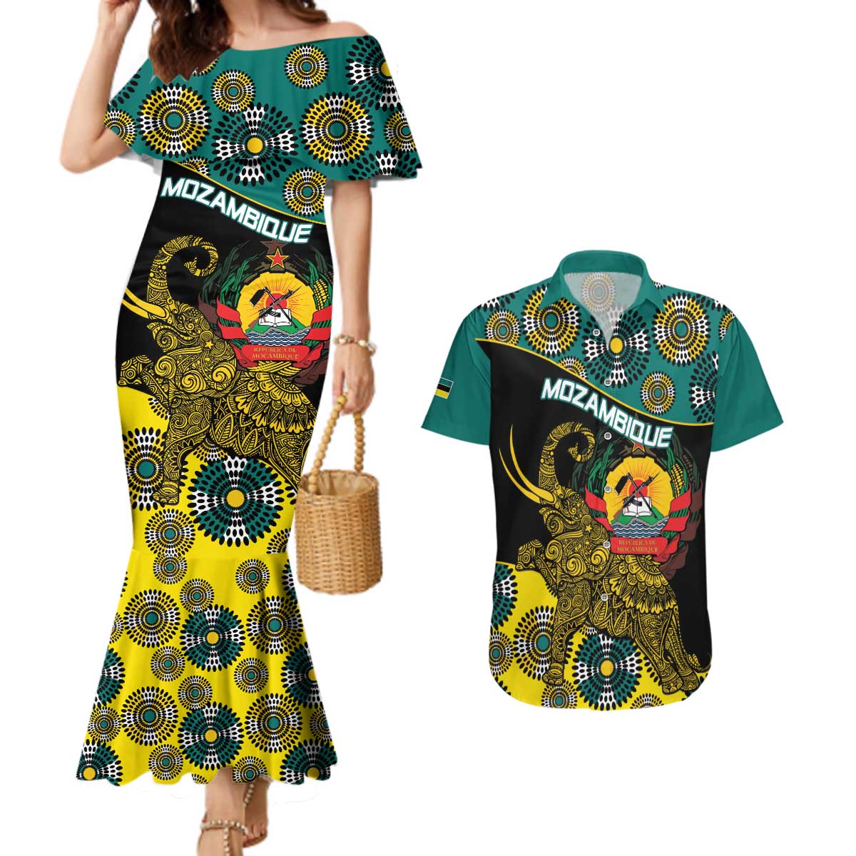 Personalised Mozambique Couples Matching Mermaid Dress and Hawaiian Shirt African Elephant With Coat Of Arms - Wonder Print Shop