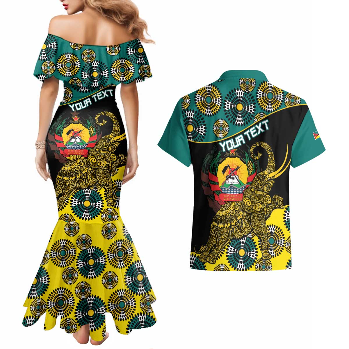Personalised Mozambique Couples Matching Mermaid Dress and Hawaiian Shirt African Elephant With Coat Of Arms - Wonder Print Shop