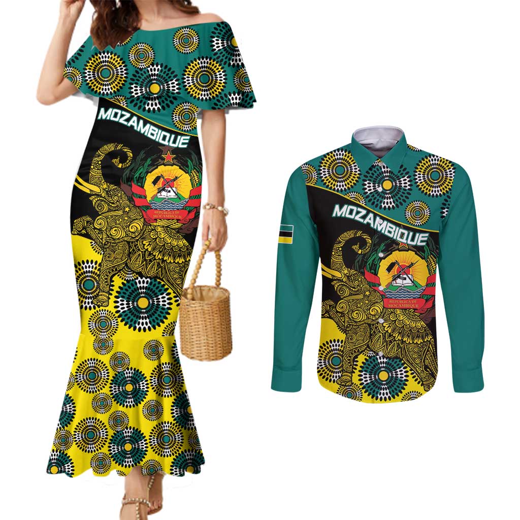 Personalised Mozambique Couples Matching Mermaid Dress and Long Sleeve Button Shirt African Elephant With Coat Of Arms
