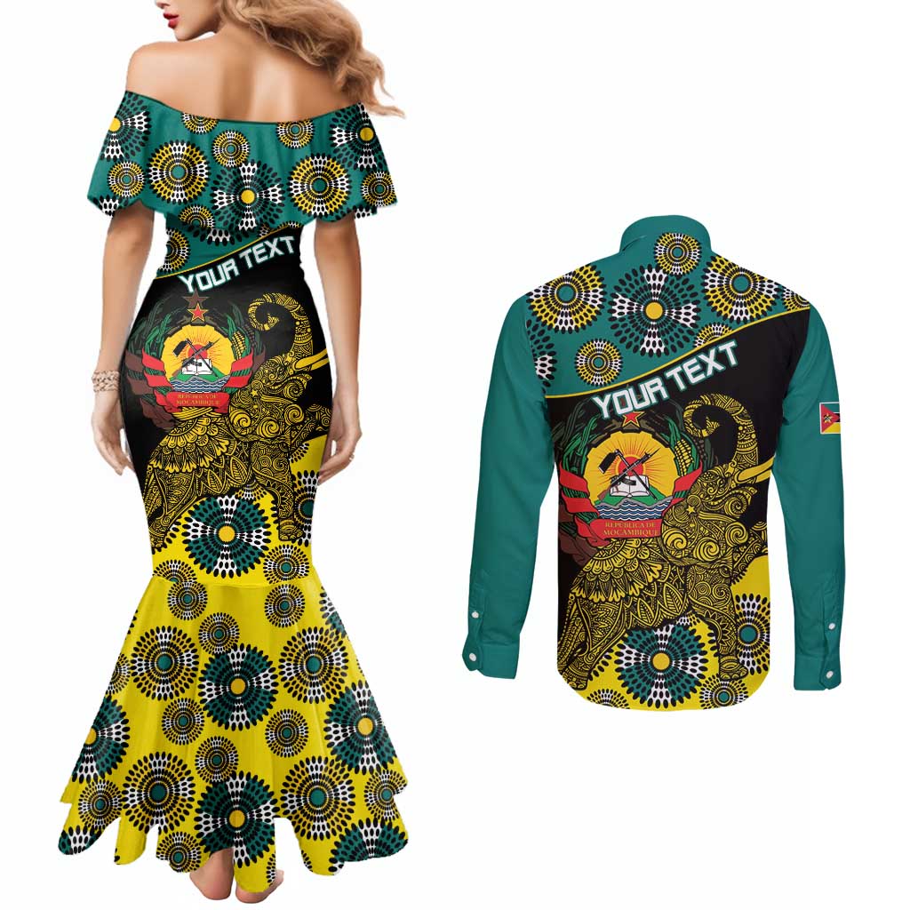 Personalised Mozambique Couples Matching Mermaid Dress and Long Sleeve Button Shirt African Elephant With Coat Of Arms