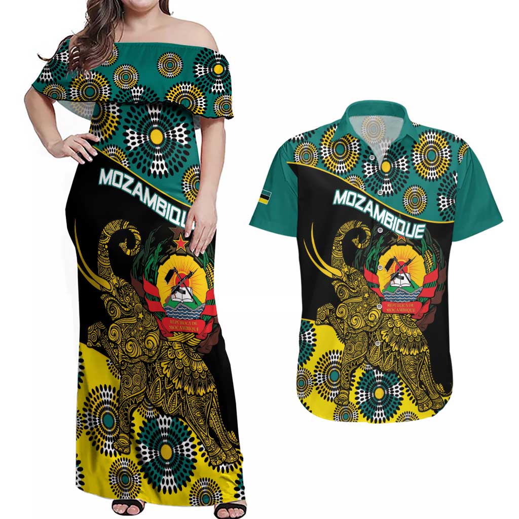 Personalised Mozambique Couples Matching Off Shoulder Maxi Dress and Hawaiian Shirt African Elephant With Coat Of Arms - Wonder Print Shop