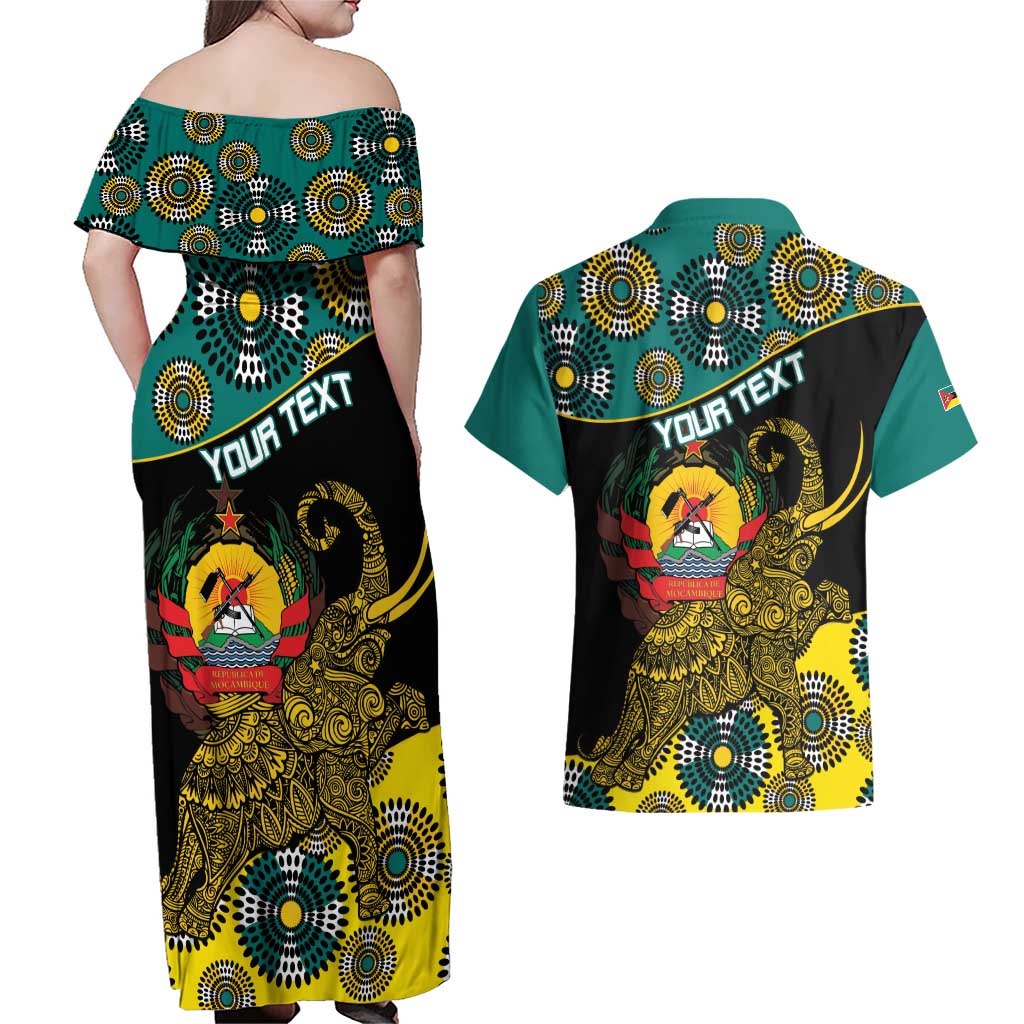 Personalised Mozambique Couples Matching Off Shoulder Maxi Dress and Hawaiian Shirt African Elephant With Coat Of Arms - Wonder Print Shop