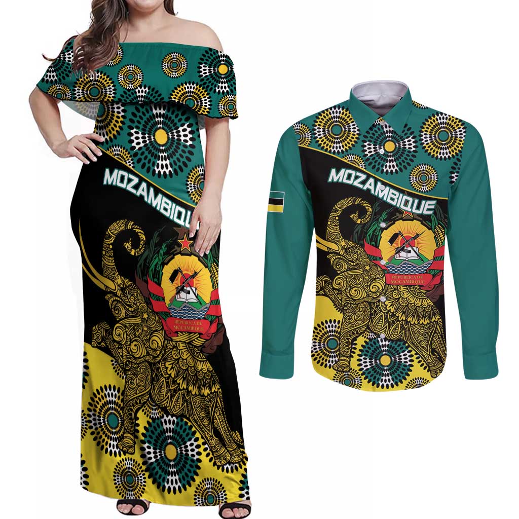 Personalised Mozambique Couples Matching Off Shoulder Maxi Dress and Long Sleeve Button Shirt African Elephant With Coat Of Arms - Wonder Print Shop
