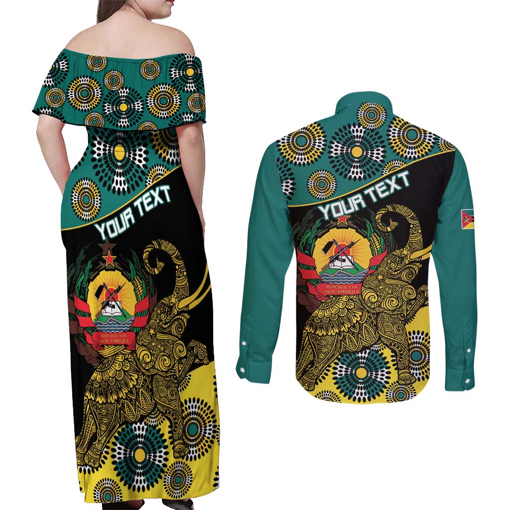 Personalised Mozambique Couples Matching Off Shoulder Maxi Dress and Long Sleeve Button Shirt African Elephant With Coat Of Arms - Wonder Print Shop