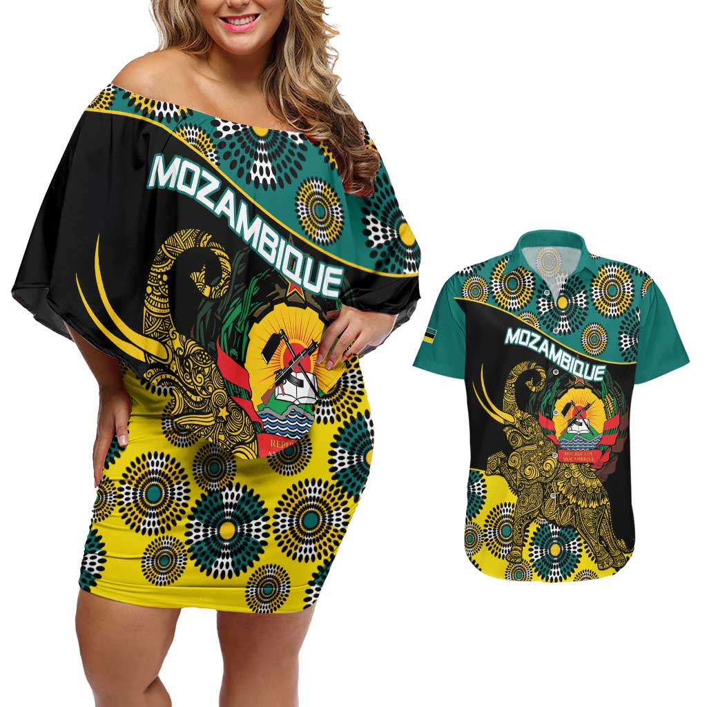 Personalised Mozambique Couples Matching Off Shoulder Short Dress and Hawaiian Shirt African Elephant With Coat Of Arms - Wonder Print Shop
