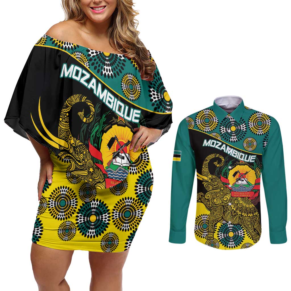 Personalised Mozambique Couples Matching Off Shoulder Short Dress and Long Sleeve Button Shirt African Elephant With Coat Of Arms - Wonder Print Shop