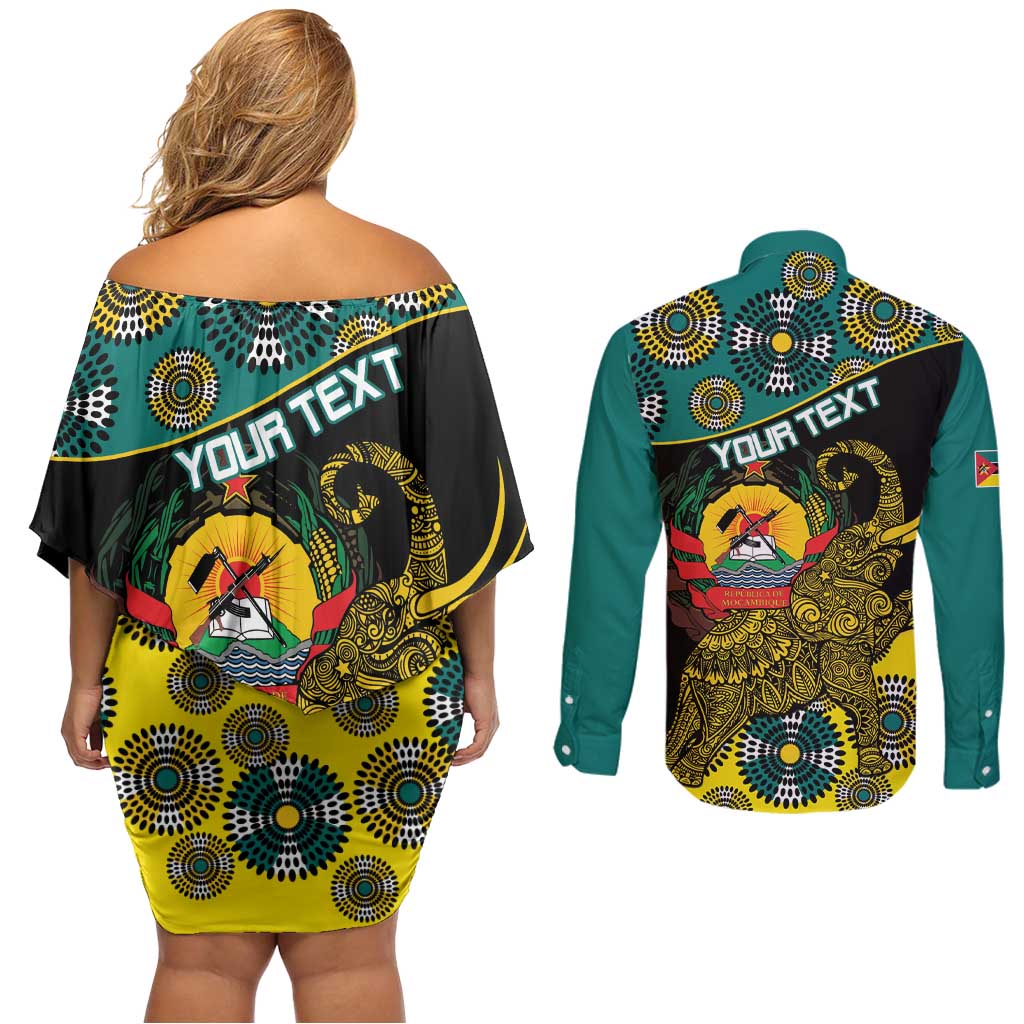 Personalised Mozambique Couples Matching Off Shoulder Short Dress and Long Sleeve Button Shirt African Elephant With Coat Of Arms - Wonder Print Shop