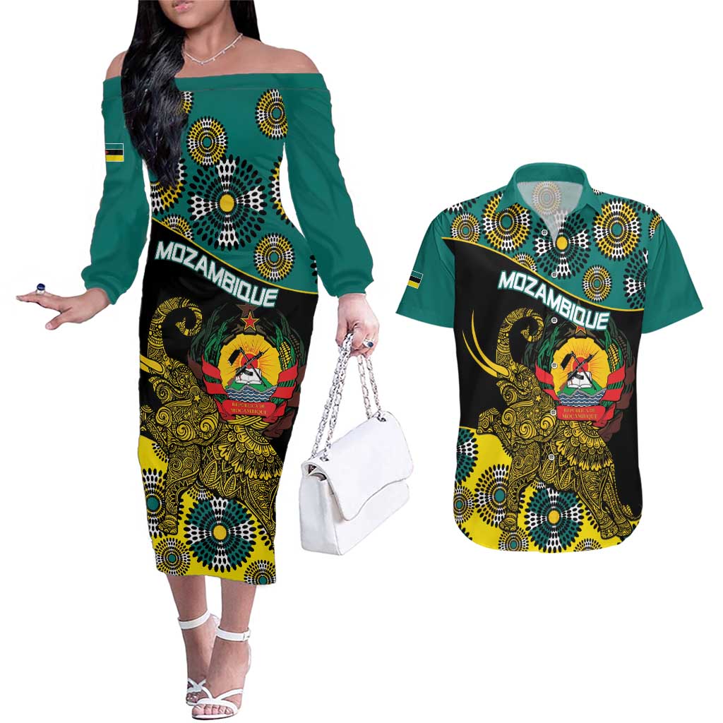Personalised Mozambique Couples Matching Off The Shoulder Long Sleeve Dress and Hawaiian Shirt African Elephant With Coat Of Arms - Wonder Print Shop
