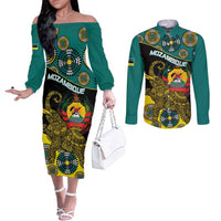 Personalised Mozambique Couples Matching Off The Shoulder Long Sleeve Dress and Long Sleeve Button Shirt African Elephant With Coat Of Arms