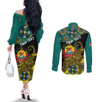 Personalised Mozambique Couples Matching Off The Shoulder Long Sleeve Dress and Long Sleeve Button Shirt African Elephant With Coat Of Arms