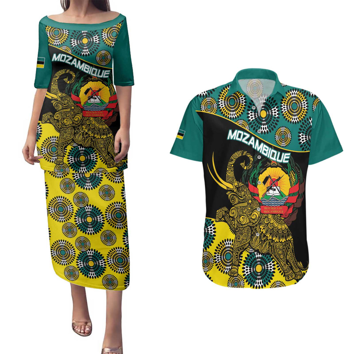 Personalised Mozambique Couples Matching Puletasi and Hawaiian Shirt African Elephant With Coat Of Arms - Wonder Print Shop