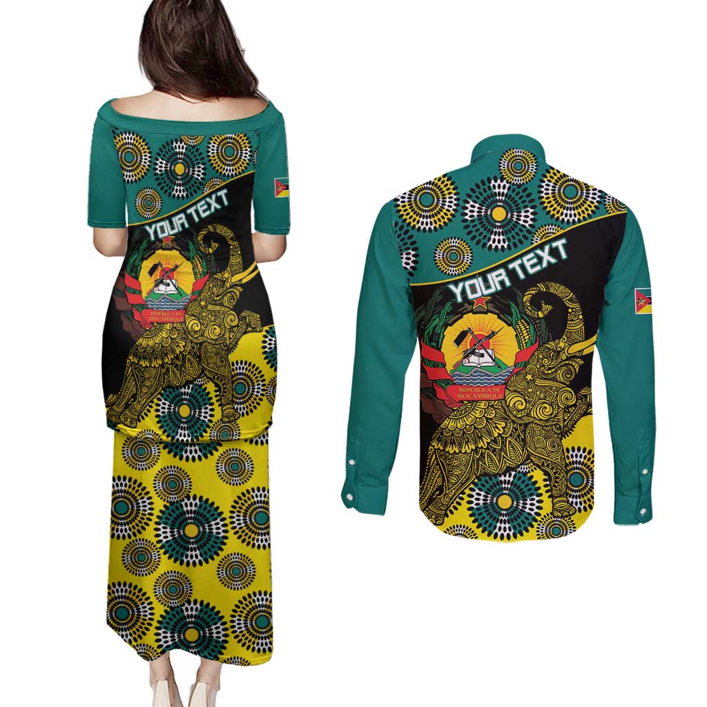 Personalised Mozambique Couples Matching Puletasi and Long Sleeve Button Shirt African Elephant With Coat Of Arms - Wonder Print Shop