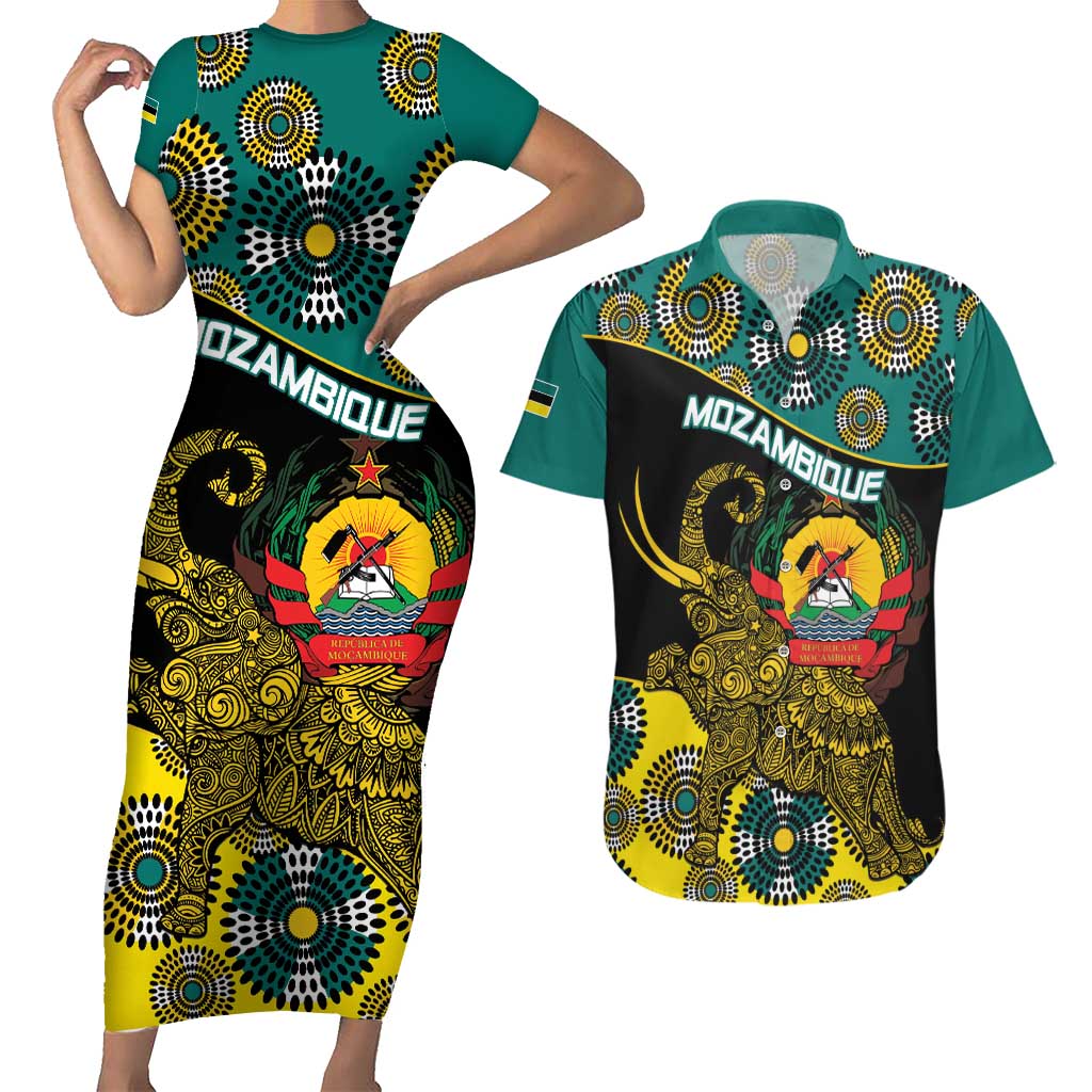 Personalised Mozambique Couples Matching Short Sleeve Bodycon Dress and Hawaiian Shirt African Elephant With Coat Of Arms - Wonder Print Shop
