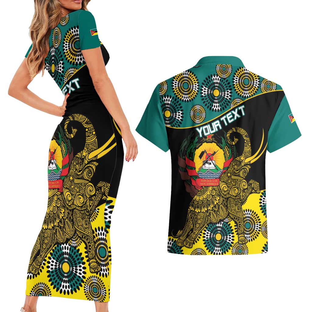 Personalised Mozambique Couples Matching Short Sleeve Bodycon Dress and Hawaiian Shirt African Elephant With Coat Of Arms - Wonder Print Shop