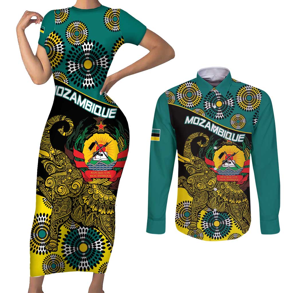 Personalised Mozambique Couples Matching Short Sleeve Bodycon Dress and Long Sleeve Button Shirt African Elephant With Coat Of Arms - Wonder Print Shop