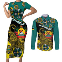 Personalised Mozambique Couples Matching Short Sleeve Bodycon Dress and Long Sleeve Button Shirt African Elephant With Coat Of Arms - Wonder Print Shop