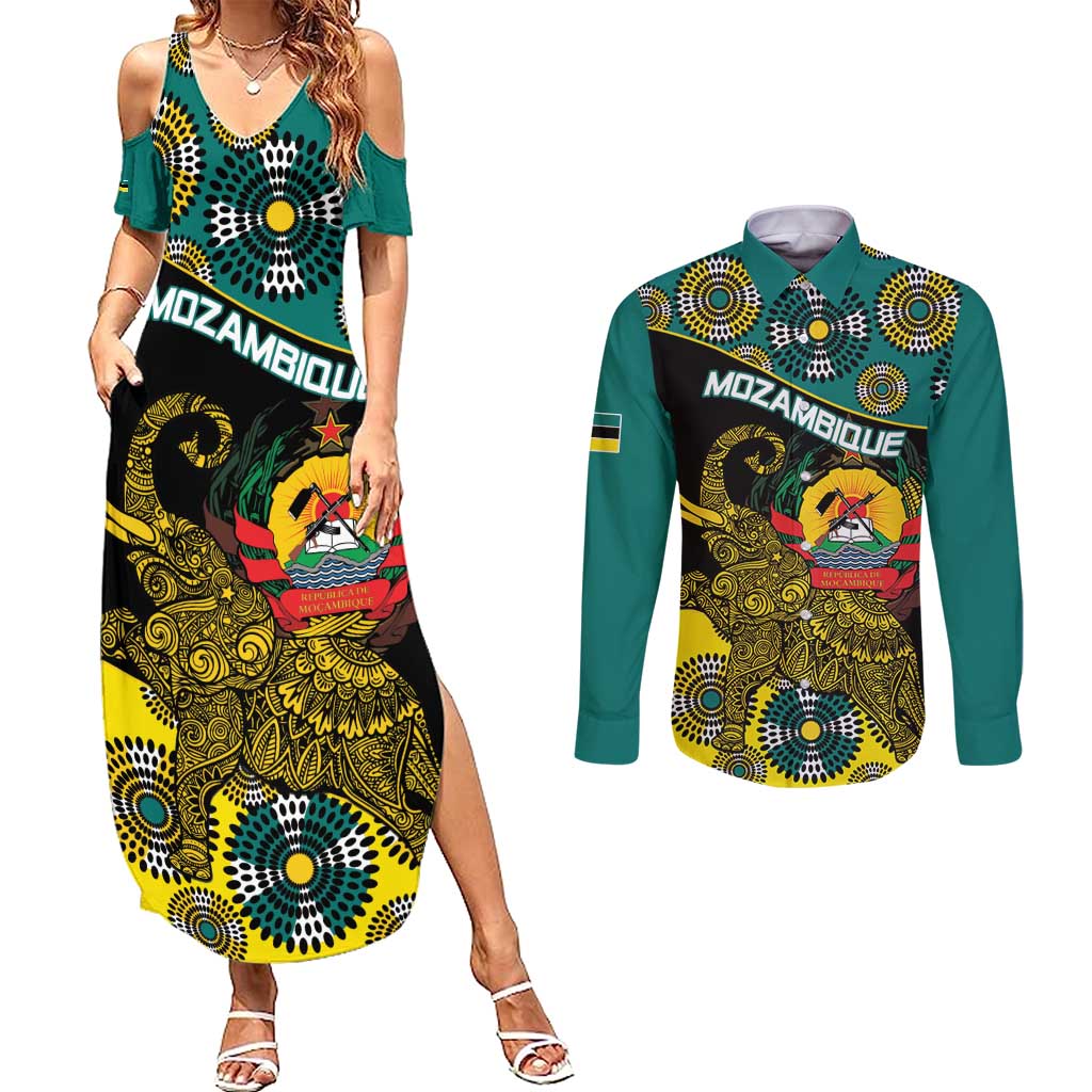 Personalised Mozambique Couples Matching Summer Maxi Dress and Long Sleeve Button Shirt African Elephant With Coat Of Arms - Wonder Print Shop