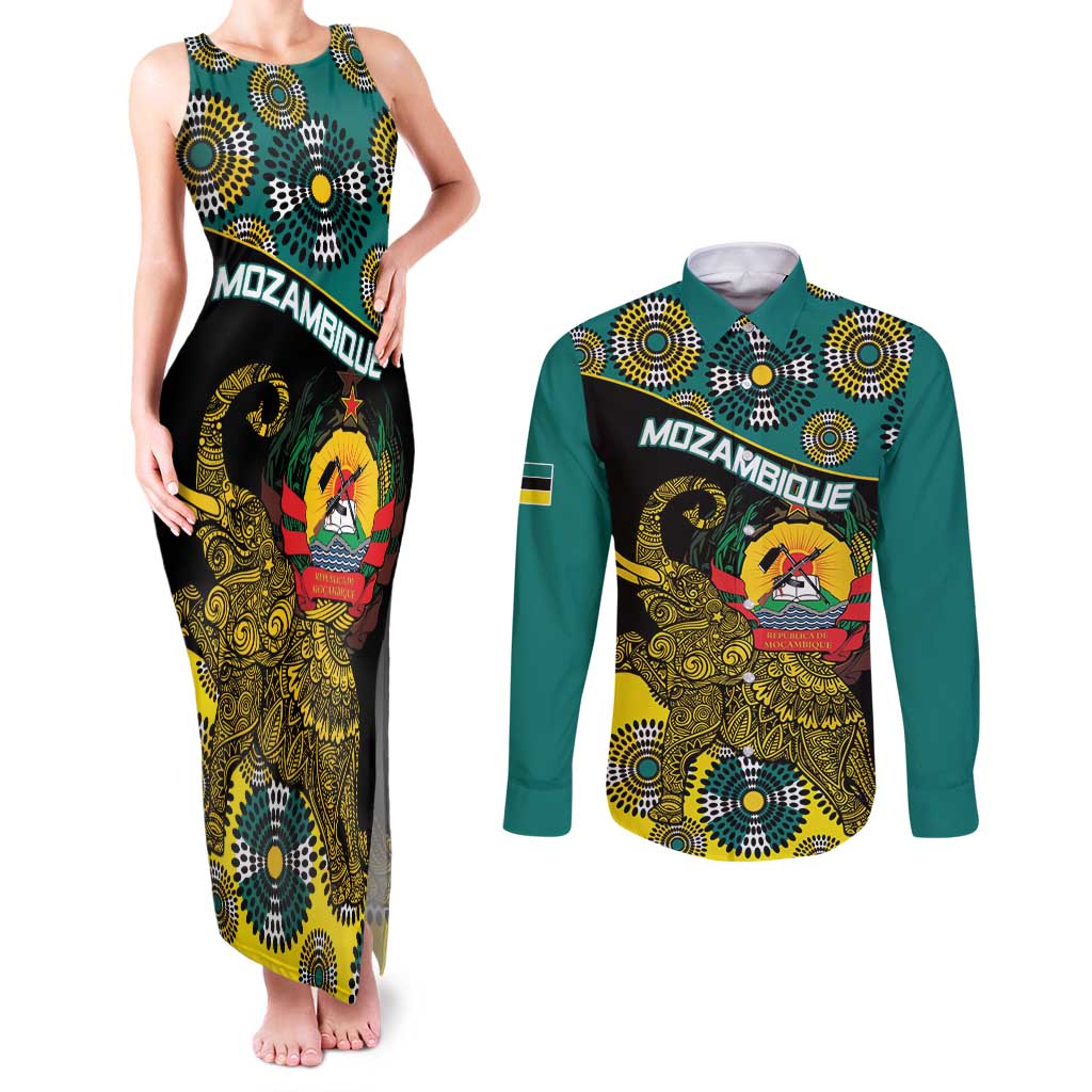 Personalised Mozambique Couples Matching Tank Maxi Dress and Long Sleeve Button Shirt African Elephant With Coat Of Arms - Wonder Print Shop