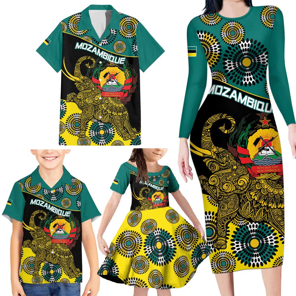 Personalised Mozambique Family Matching Long Sleeve Bodycon Dress and Hawaiian Shirt African Elephant With Coat Of Arms - Wonder Print Shop