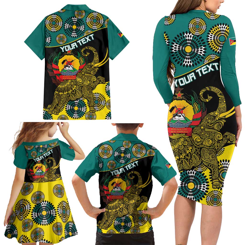 Personalised Mozambique Family Matching Long Sleeve Bodycon Dress and Hawaiian Shirt African Elephant With Coat Of Arms - Wonder Print Shop