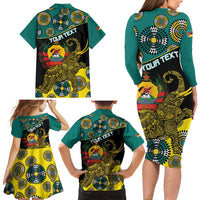 Personalised Mozambique Family Matching Long Sleeve Bodycon Dress and Hawaiian Shirt African Elephant With Coat Of Arms - Wonder Print Shop