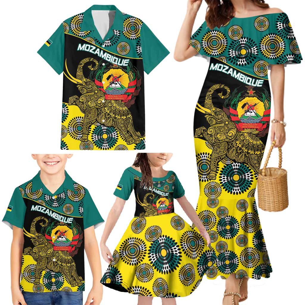Personalised Mozambique Family Matching Mermaid Dress and Hawaiian Shirt African Elephant With Coat Of Arms - Wonder Print Shop