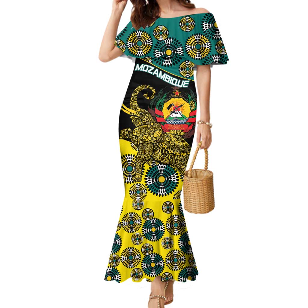 Personalised Mozambique Family Matching Mermaid Dress and Hawaiian Shirt African Elephant With Coat Of Arms - Wonder Print Shop
