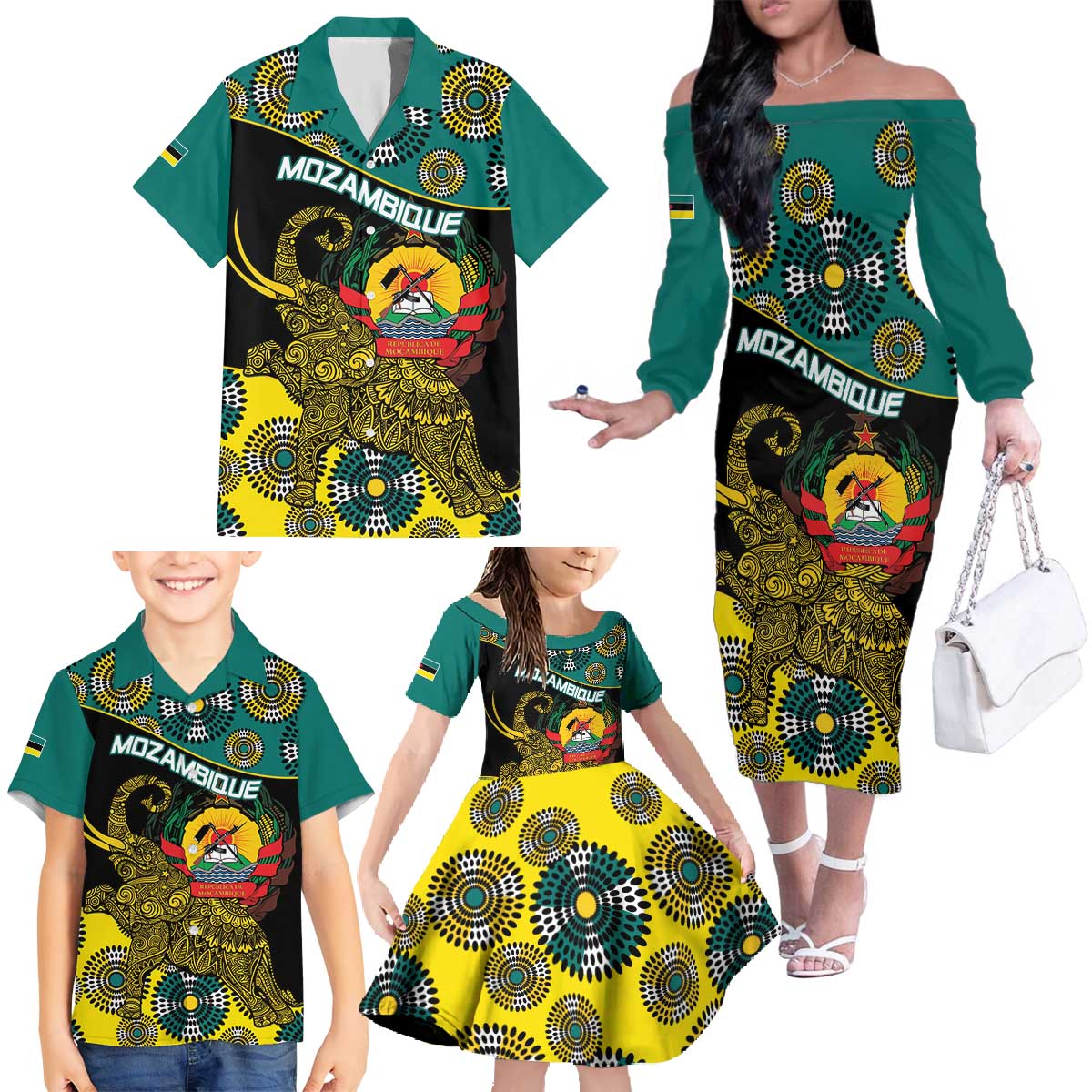 Personalised Mozambique Family Matching Off The Shoulder Long Sleeve Dress and Hawaiian Shirt African Elephant With Coat Of Arms - Wonder Print Shop