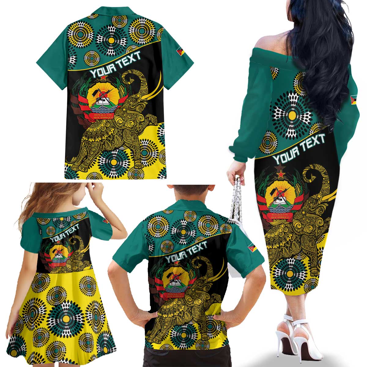 Personalised Mozambique Family Matching Off The Shoulder Long Sleeve Dress and Hawaiian Shirt African Elephant With Coat Of Arms - Wonder Print Shop