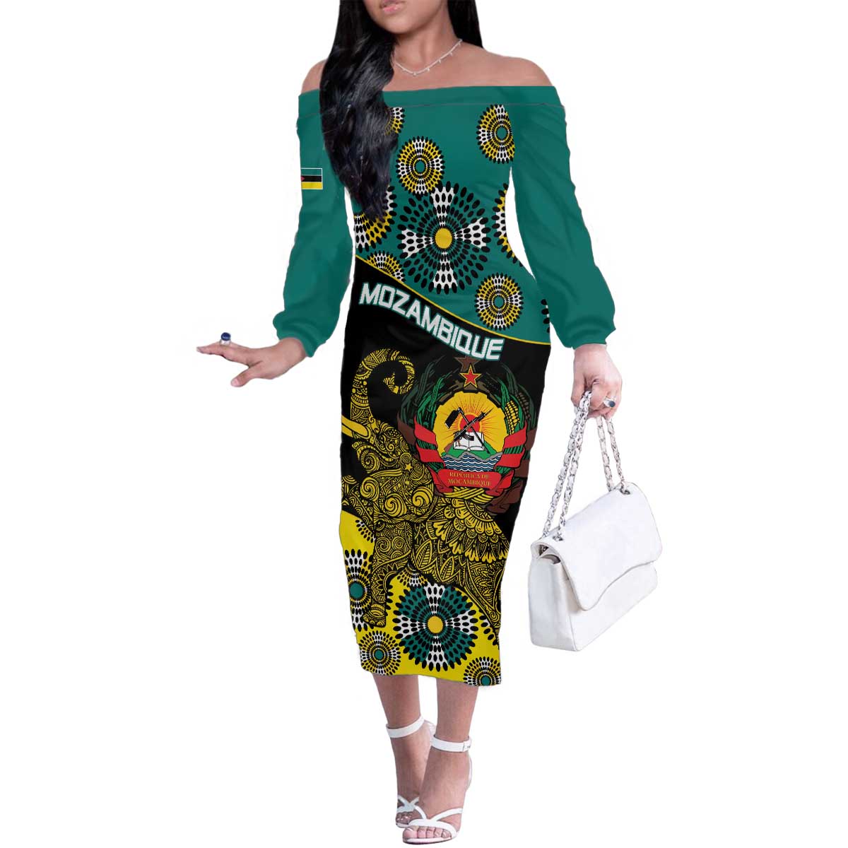 Personalised Mozambique Family Matching Off The Shoulder Long Sleeve Dress and Hawaiian Shirt African Elephant With Coat Of Arms - Wonder Print Shop