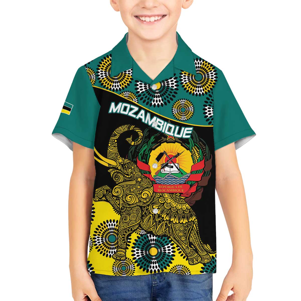 Personalised Mozambique Family Matching Off The Shoulder Long Sleeve Dress and Hawaiian Shirt African Elephant With Coat Of Arms - Wonder Print Shop