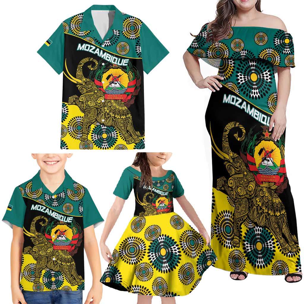 Personalised Mozambique Family Matching Off Shoulder Maxi Dress and Hawaiian Shirt African Elephant With Coat Of Arms - Wonder Print Shop