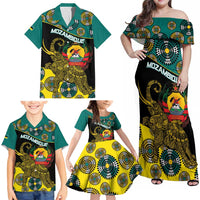 Personalised Mozambique Family Matching Off Shoulder Maxi Dress and Hawaiian Shirt African Elephant With Coat Of Arms - Wonder Print Shop