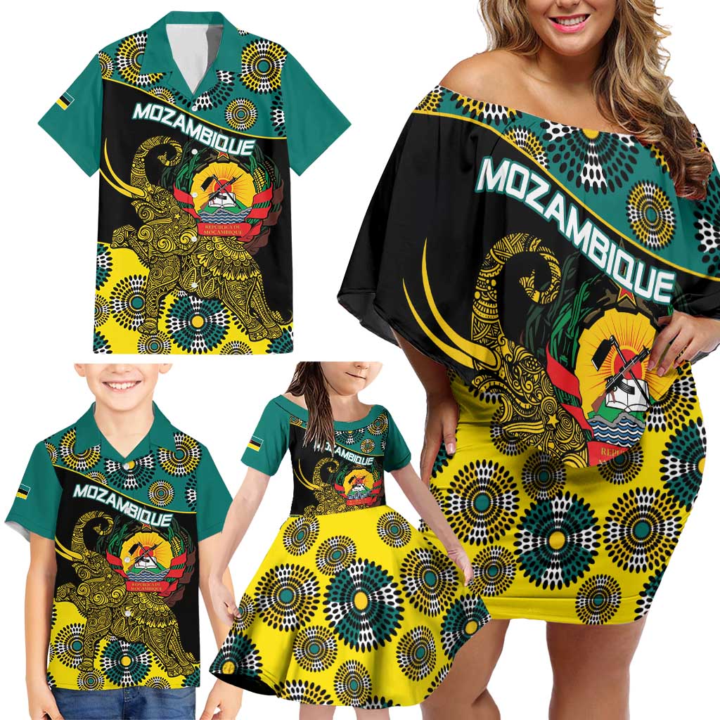 Personalised Mozambique Family Matching Off Shoulder Short Dress and Hawaiian Shirt African Elephant With Coat Of Arms - Wonder Print Shop